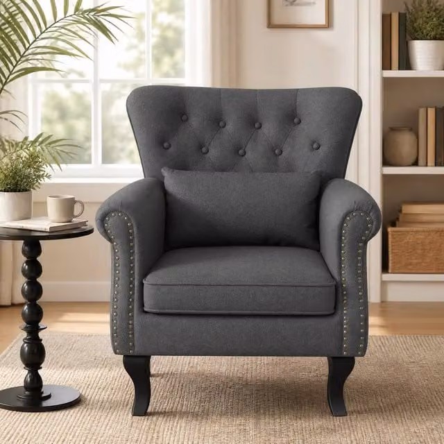 STILVORA Grey Fabric Chesterfield Accent Chair with Armrests and Button Tufting – 1