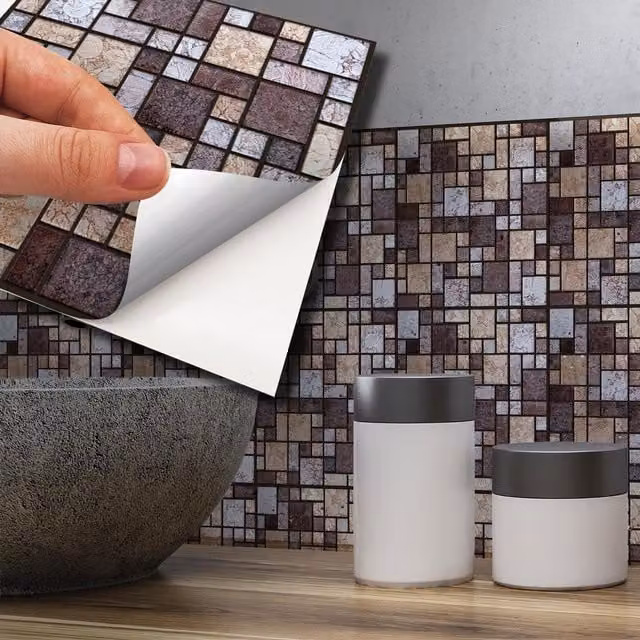 Walplus Adhesive Geometric Square Wall Tile Stickers in Brown, Silver, Beige and Multicolour, 15 x 15 cm, 24 Pack