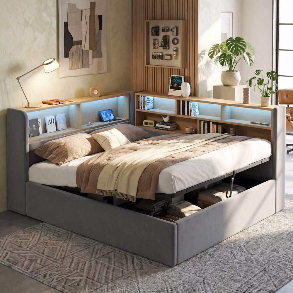 Matteo Grey Velvet Double Daybed with Hydraulic Storage, LED Reading Light and USB Charging Port – 2