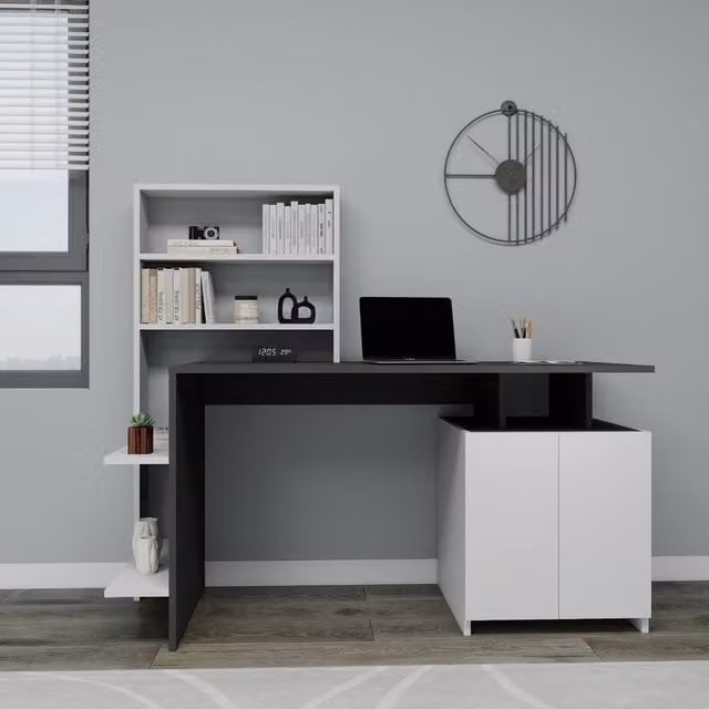 Destina Home Melis Computer Desk in Grey with Cabinets and Shelves