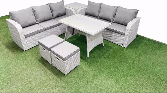 Fimous 7-Seater Rattan Patio Dining and Lounge Set with 2 Stools in Light Grey