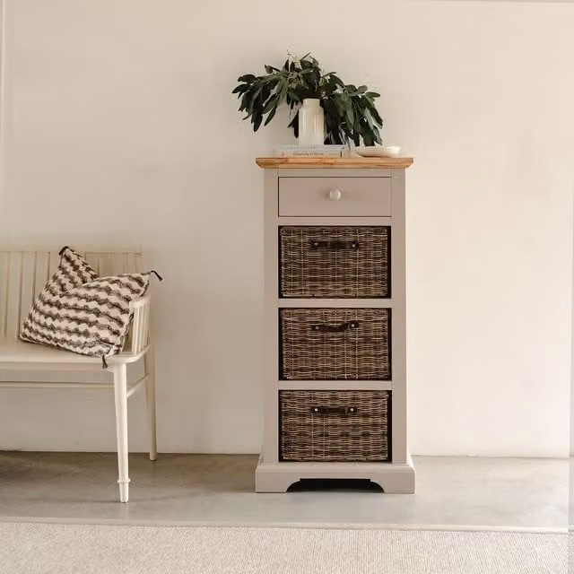 Florence Tallboy with Drawer and Storage Baskets in Truffle Acacia Wood, H: 113 cm, W: 54 cm, D: 42 cm