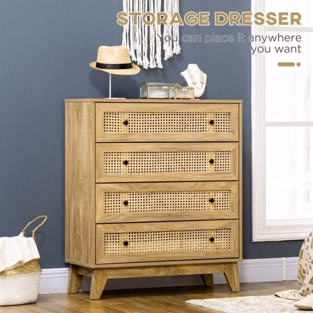 STILVORA 4 Drawer Storage Cabinet with Rattan Panels in Natural Wood Effect and Beige – 1