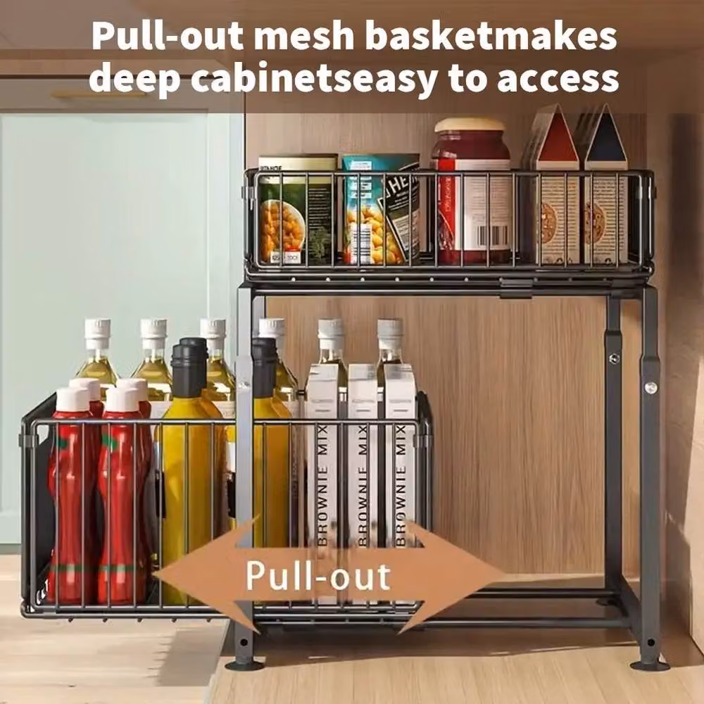 FORGEVIO 2-Tier Metal Pull Out Basket Under Sink Kitchen Cupboard Organiser in Black – 4