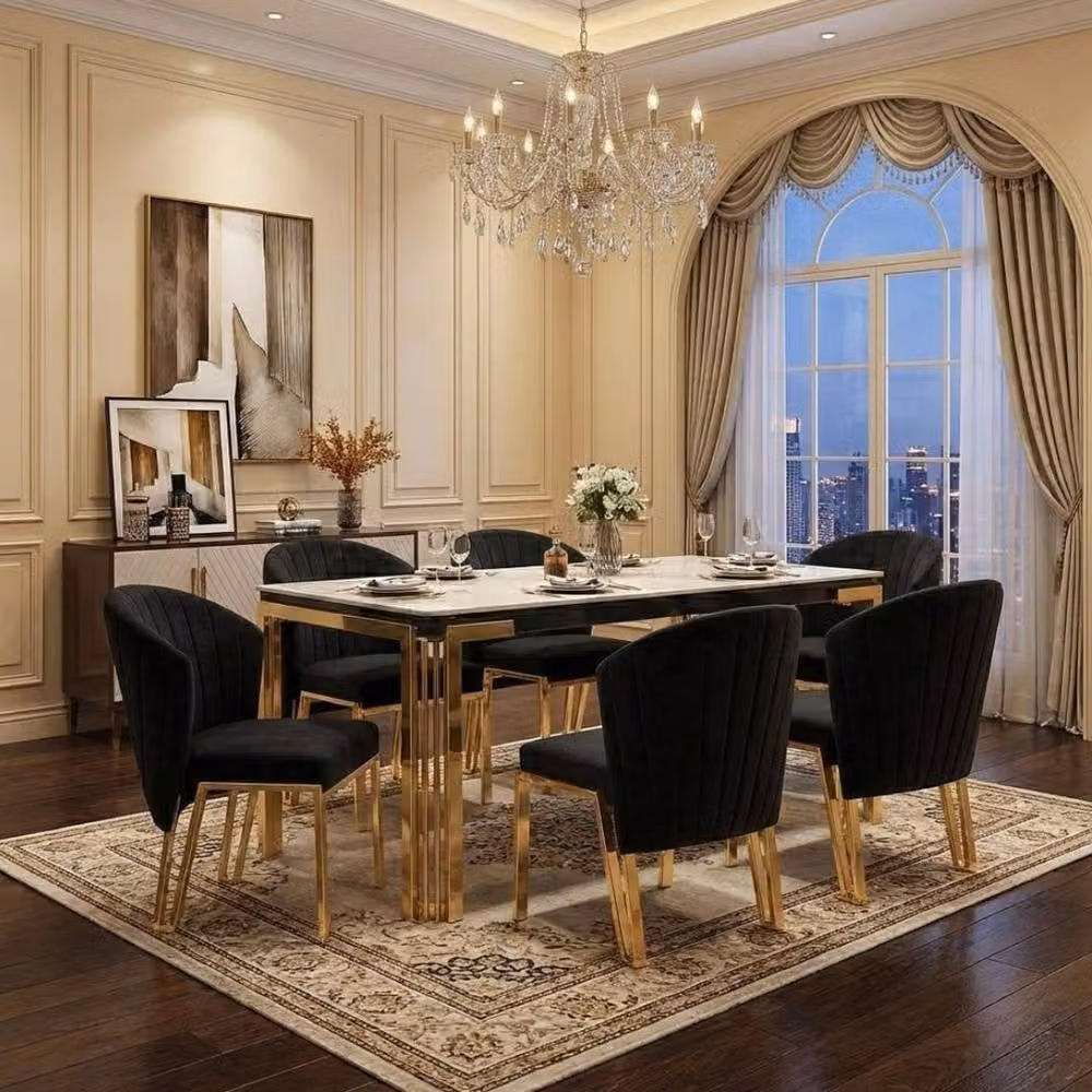 HOME LUXE INTERIOR Sorrento 180cm White Marble and Gold Dining Table with 6 Fabio Black Chairs – 3