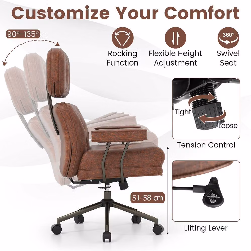 Gymax Brown Suede Fabric Home Office Task Chair with Headrest, Armrests and Swivel Castors – 7