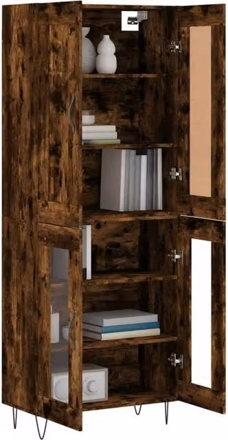 Berkfield Home Smoked Oak Highboard in Brown with Glass Doors, W/D/H: 69.5 x 34 x 180 cm