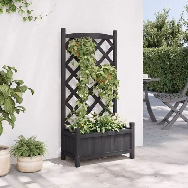 Berkfield Home Black Solid Wood Fir Planter with Trellis, W: 55 cm, D: 30 cm, H: 110 cm