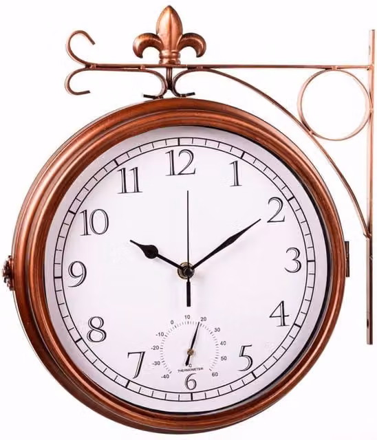 FLAVORA Double-Sided Classic Garden Wall Clock and Thermometer in Bronze Metal, W/H: 100 x 15 cm