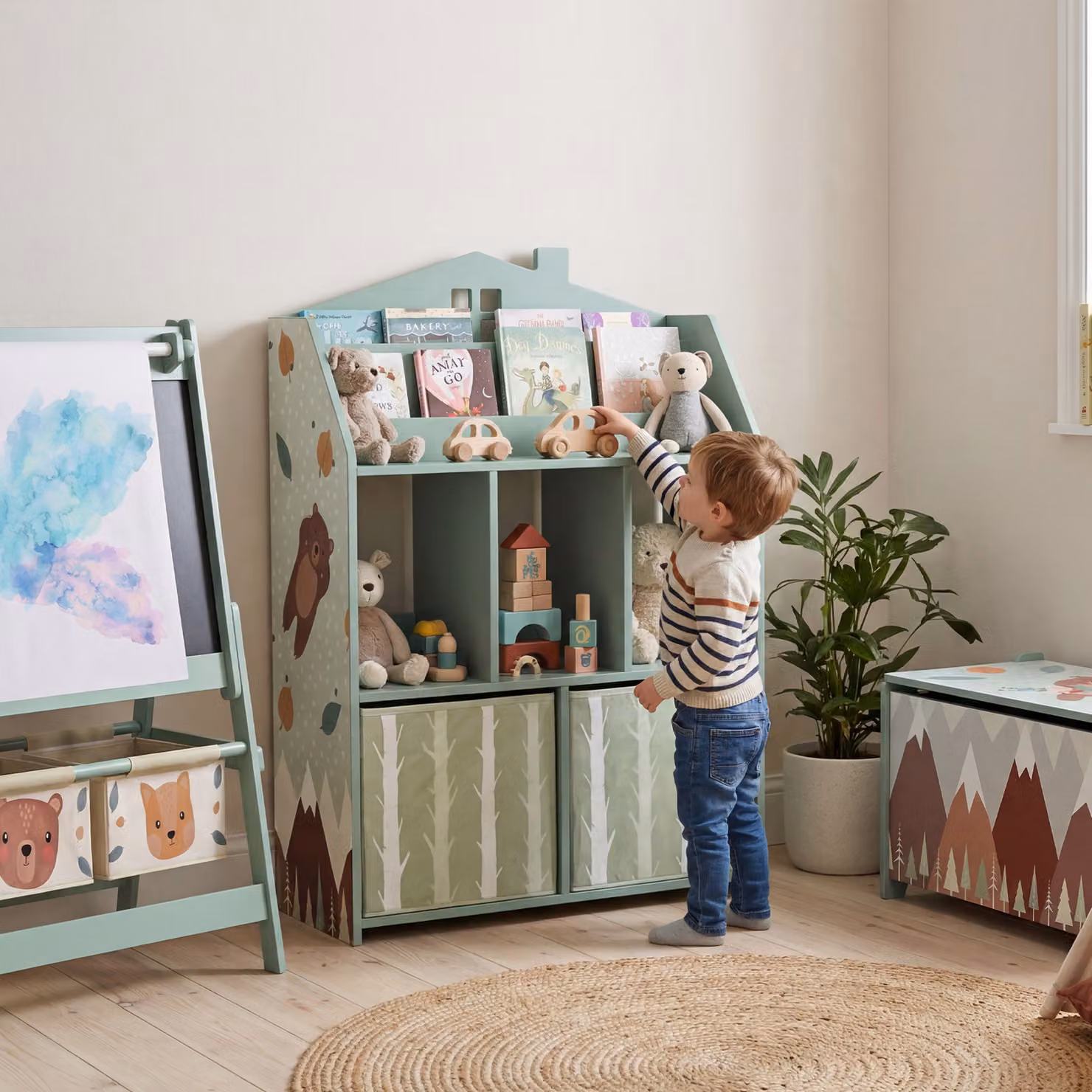 AIYAPLAY Kids Bookshelf and Toy Storage Unit with Book Display and Fabric Drawers, Green – 2