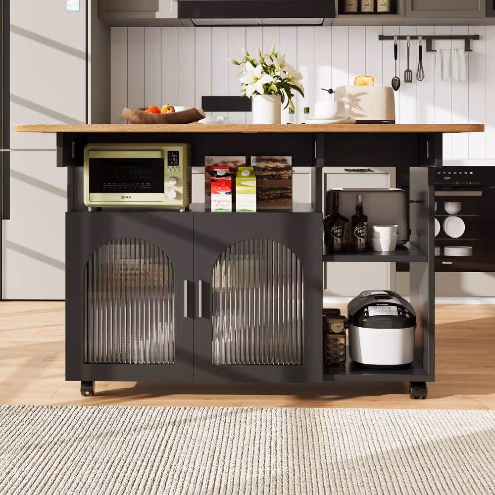Rolipo Black Kitchen Island Cart with Foldable Dining Table and Glass Doors – 3