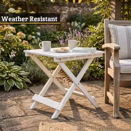 Premier Housewares White Rectangular Folding Garden Table with Treated Hardwood Top – 4