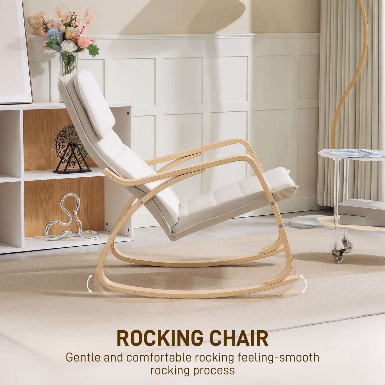 HOMCOM Upholstered Rocking Chair with High Back, Headrest and Armrests, Cream White – 2