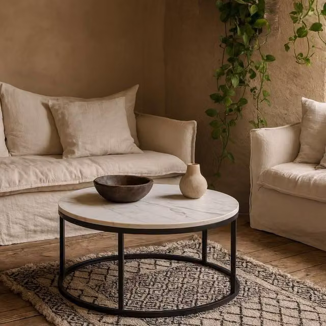Wyld Haus Odense Round Coffee Table with White Marble Effect Top and Black Metal Legs