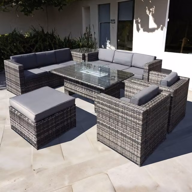 Oseasons Malta Rattan 9 Seat U-Shape Rising Firepit Set in Walnut Grey