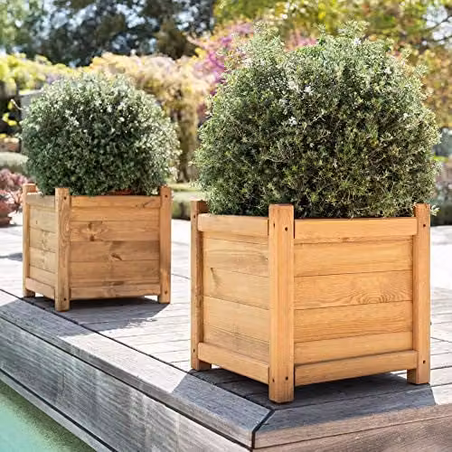 Primrose Liz Frances Wooden Tapered Pine Planter Raised Cube Garden Pot in Brown and Beige, 55 cm – 5