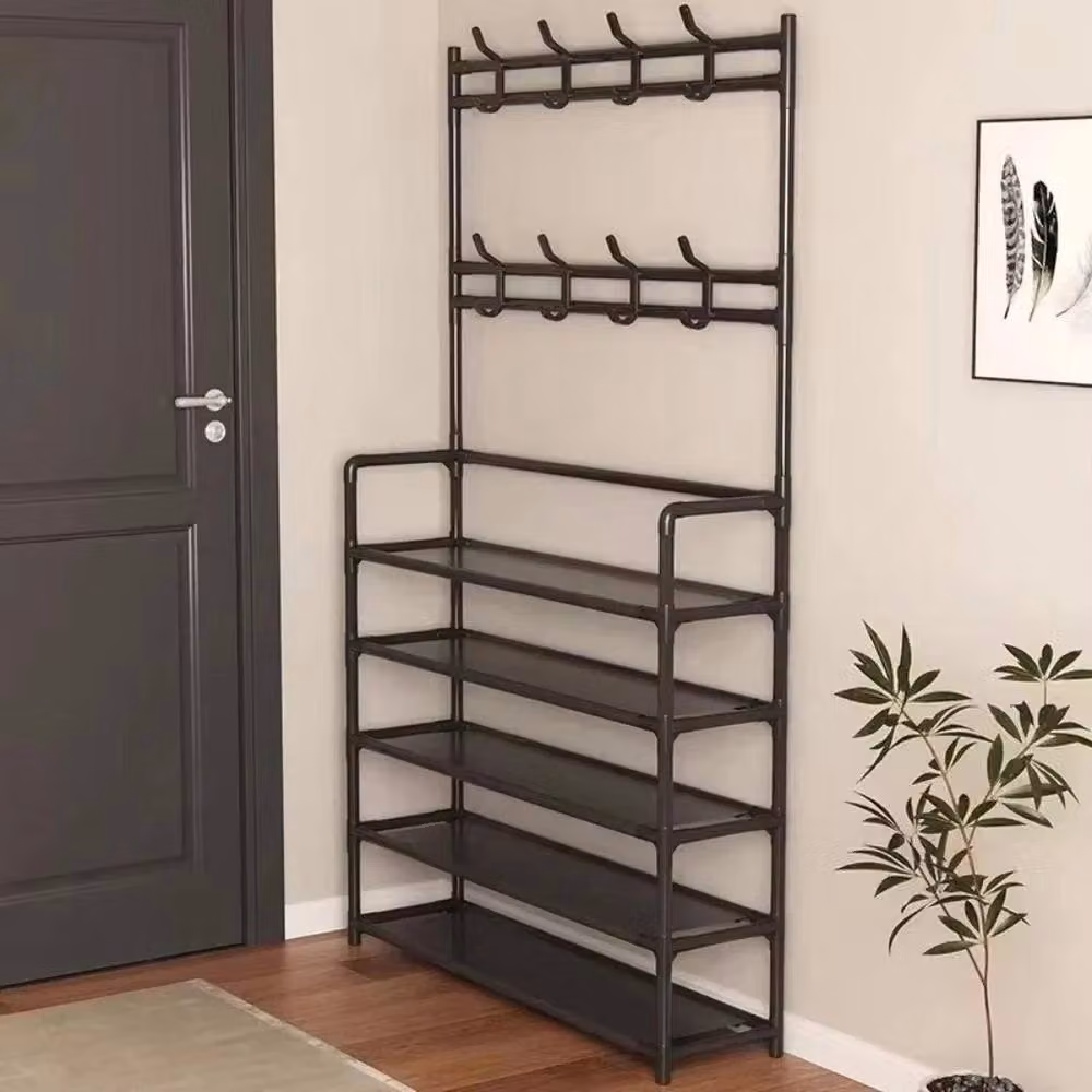 Kelvenix Black Metal 5-Tier Coat and Hat Stand with 8 Hooks and Shoe Rack, H 168 cm x W 60 cm x D 40 cm – 4