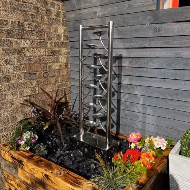 Tranquility Santiago Modern Stainless Steel Solar Cascade Water Feature in Grey and Silver