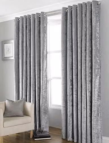 HomeSpace Direct Euphoria Grey Crushed Velvet Blackout Eyelet Thermal Insulating Curtains, W: 168 cm, H: 183 cm