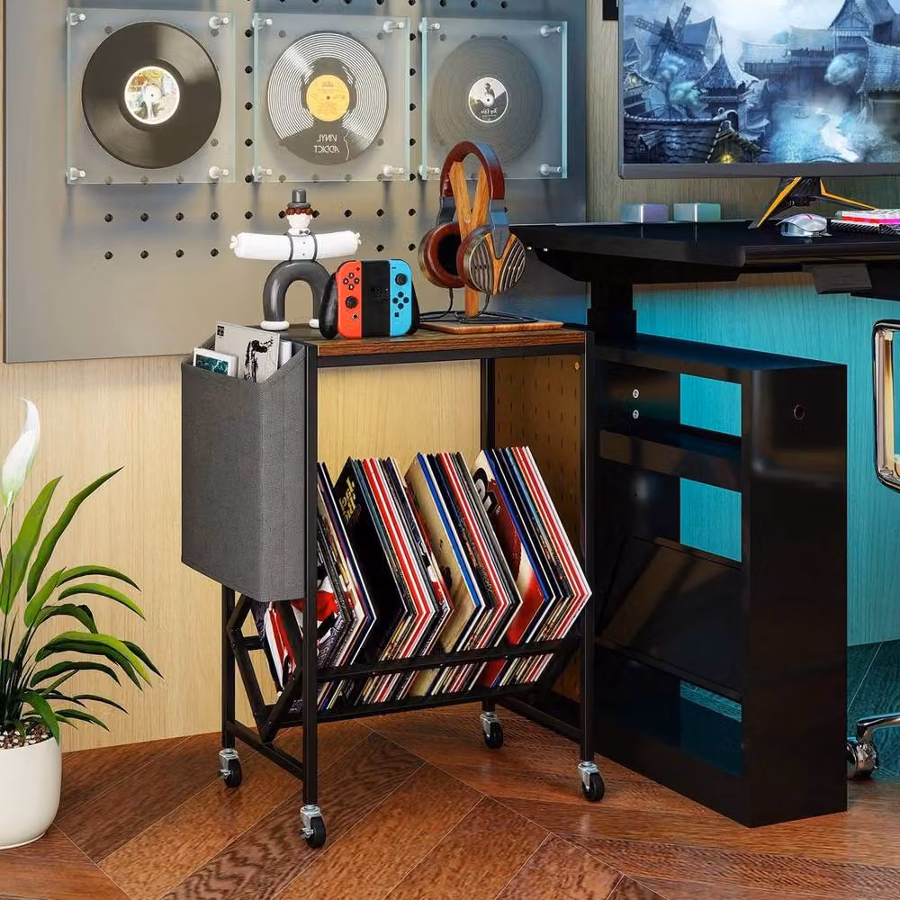 EONLION Brown Rolling Record Player Stand with Media Compartments, W: 100 cm x D: 64 cm x H: 100 cm – 4