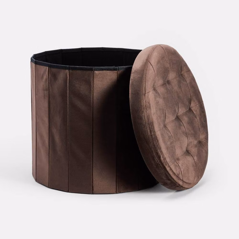 OHS Matte Velvet Round Ottoman Storage Stool in Chocolate Brown – 2