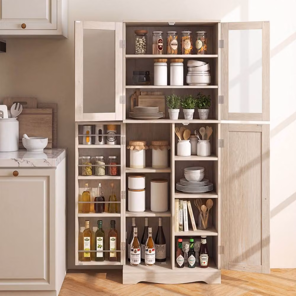 Costway Natural Kitchen Pantry Storage Cabinet with Glass Doors and Internal Shelves – 5