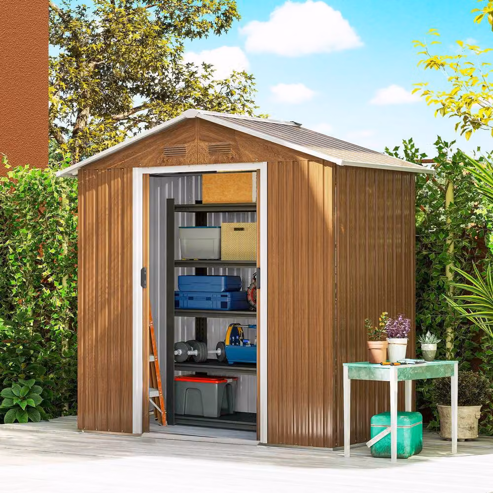 Rolipo Metal Garden Shed in Dark Brown Wood Effect with Sliding Gable Doors – 2
