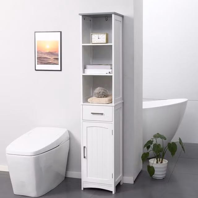Kleankin Tall Freestanding Bathroom Storage Cabinet in White, W/D/H: 34 x 34 x 163 cm – 1