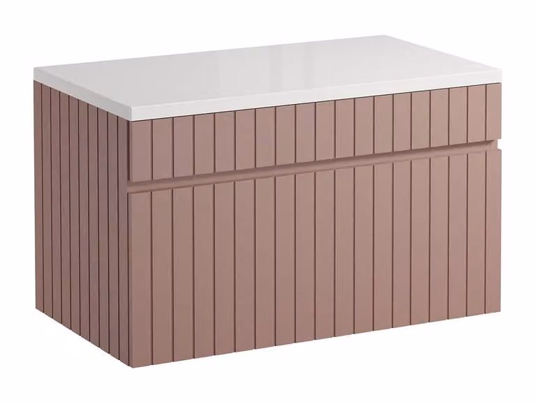 Vente-unique SATARA Pink Ribbed Wall-Mounted Bathroom Vanity Unit with Top and Soft-Close Doors, Width: 80 cm