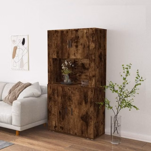 Berkfield Home Smoked Oak Highboard in Brown with Hinged Doors and Open Shelves – 1
