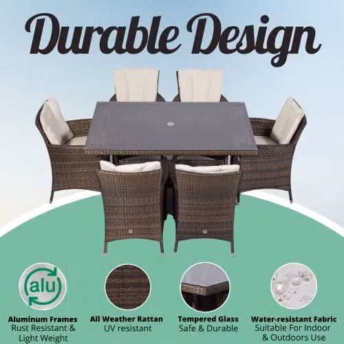 Giardino Savannah 6 Seater Rattan Garden Dining Set with Rectangular Table, Chairs, Parasol and Cover, Brown and Grey, W/D: 150 x 100 cm – 2