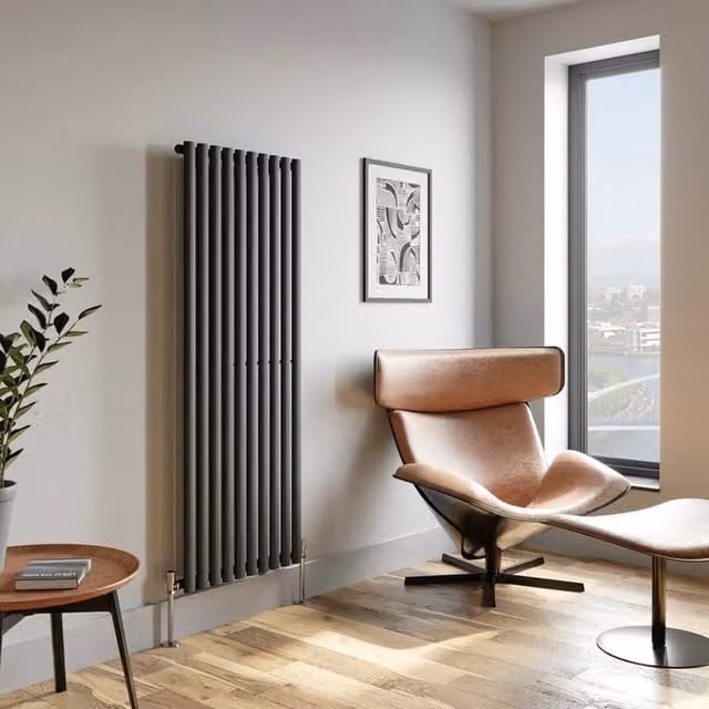 Temprazo Vertical Oval Tube Double Panel Designer Radiator in Anthracite Grey, H: 160 cm, W: 36 cm, D: 5.5 cm