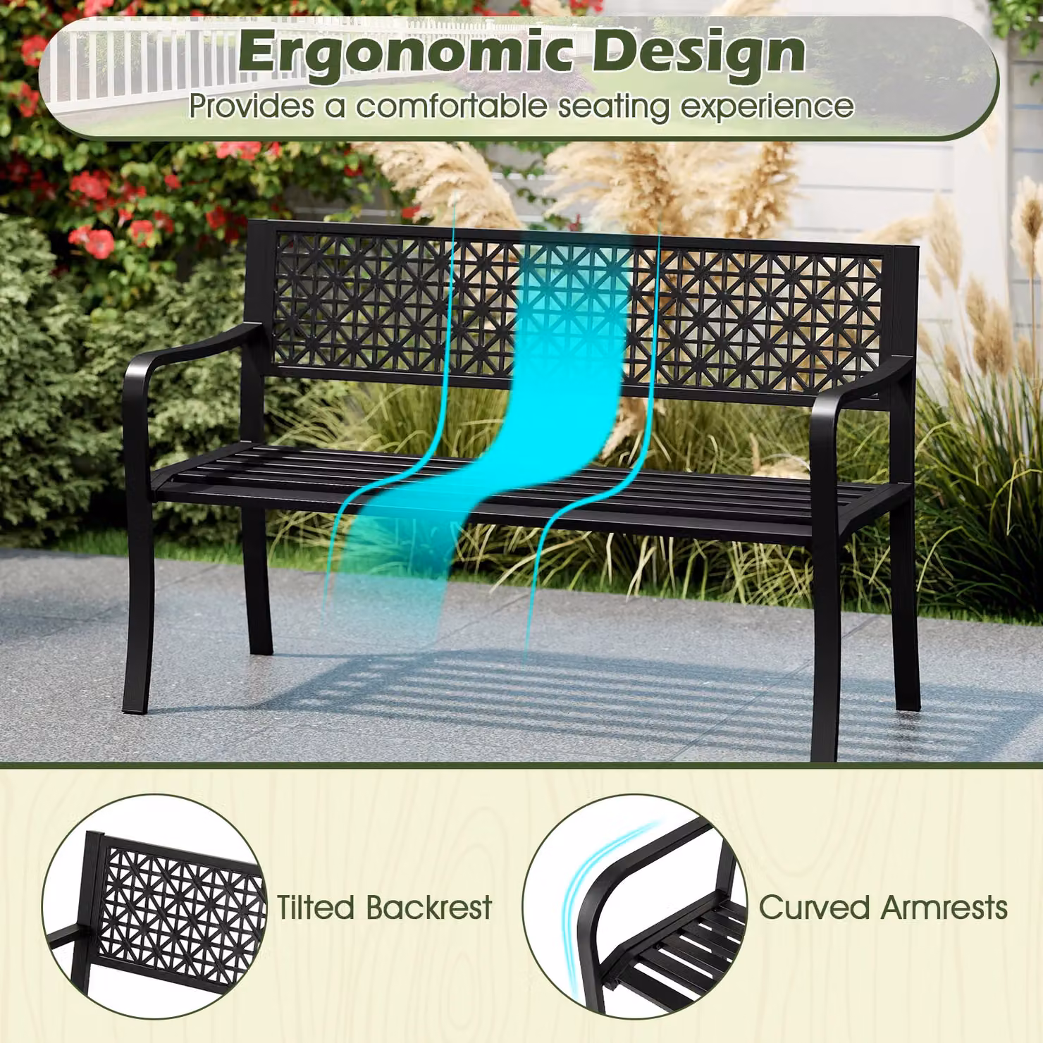 Costway Black Metal Outdoor Patio Bench for 2-3 People, Width: 127 cm – 8