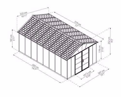 Palram Yukon Metal Tool Shed with Floor and Double Doors, Grey, W: 519 cm, D: 332 cm, H: 252 cm – 3