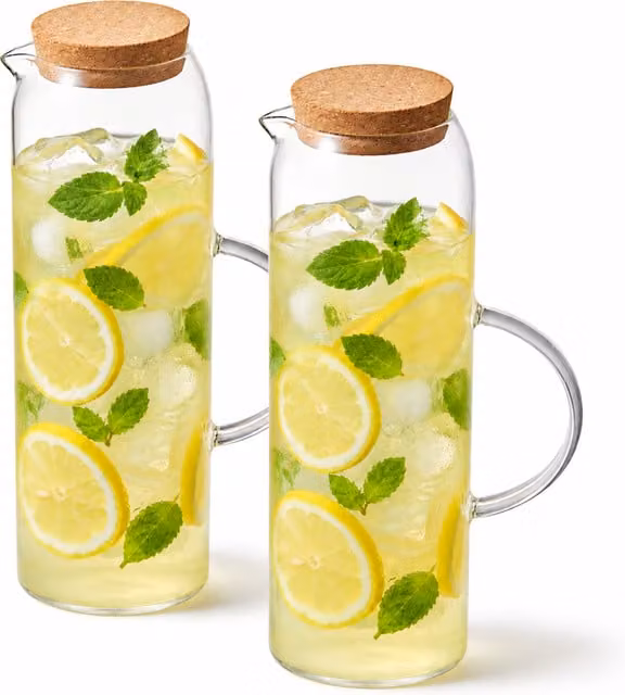 Eden & Willow Slim Glass Water Jug with Cork Lid and Drip-Free Pouring Spout, Transparent, 2 Pack
