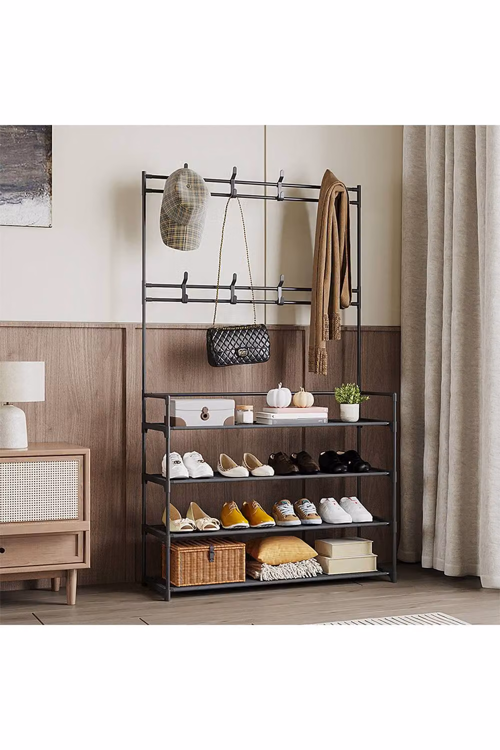 Living and Home Modern Metal Shoe Rack with Hat and Coat Hooks in Matt Black – 2