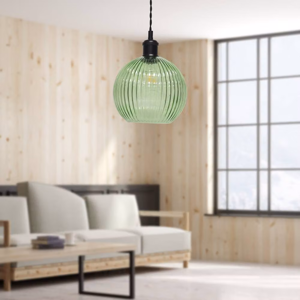 First Choice Lighting Betchley Set of 2 Retro Pendant Lights with Green Ribbed Glass and Black Metal Finish – 2