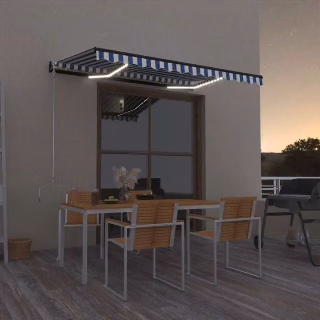 Berkfield Home Manual Retractable Awning with LED, Blue and White, W: 350 cm, D: 250 cm – 1