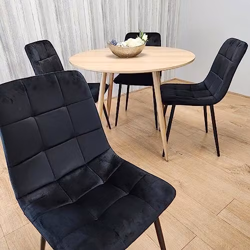 KOSY KOALA Round Oak Dining Table and 4 Black Velvet Chairs Set, W/D/H: 90 x 90 x 75 cm – 3
