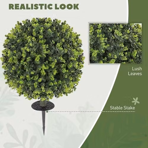 HOMCOM Set of 2 Green Artificial Boxwood Topiary Ball Bushes, UV Resistant, Diameter: 40 cm – 3