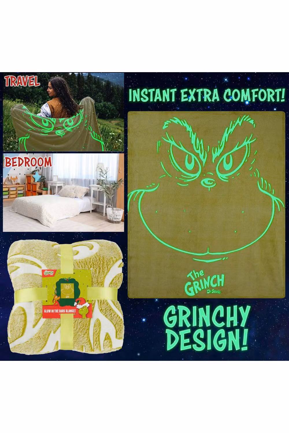 Get Trend The Grinch Glow in the Dark Fleece Throw Blanket, Green, W/D/H: 130 x 150 cm – 8