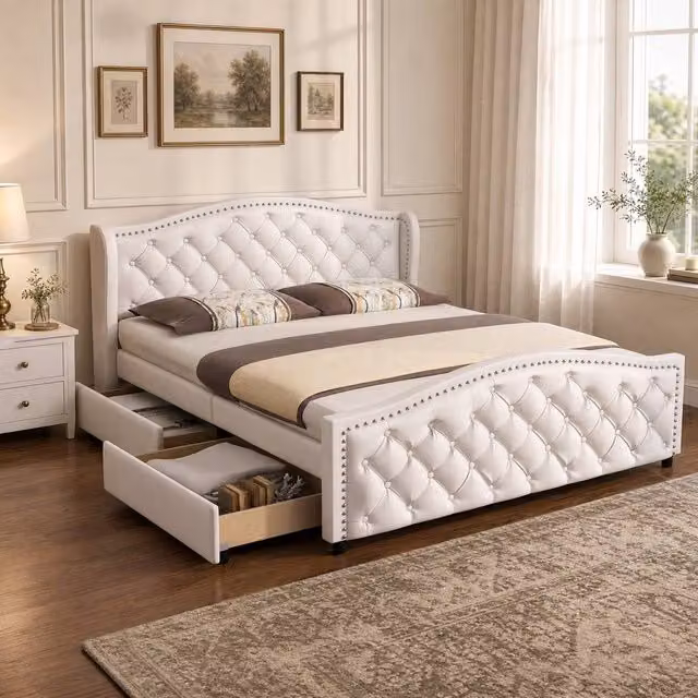 STILVORA Chesterfield Upholstered Double Bed with 2 Drawers in White and Silver, W/D/H: 140 x 200 cm