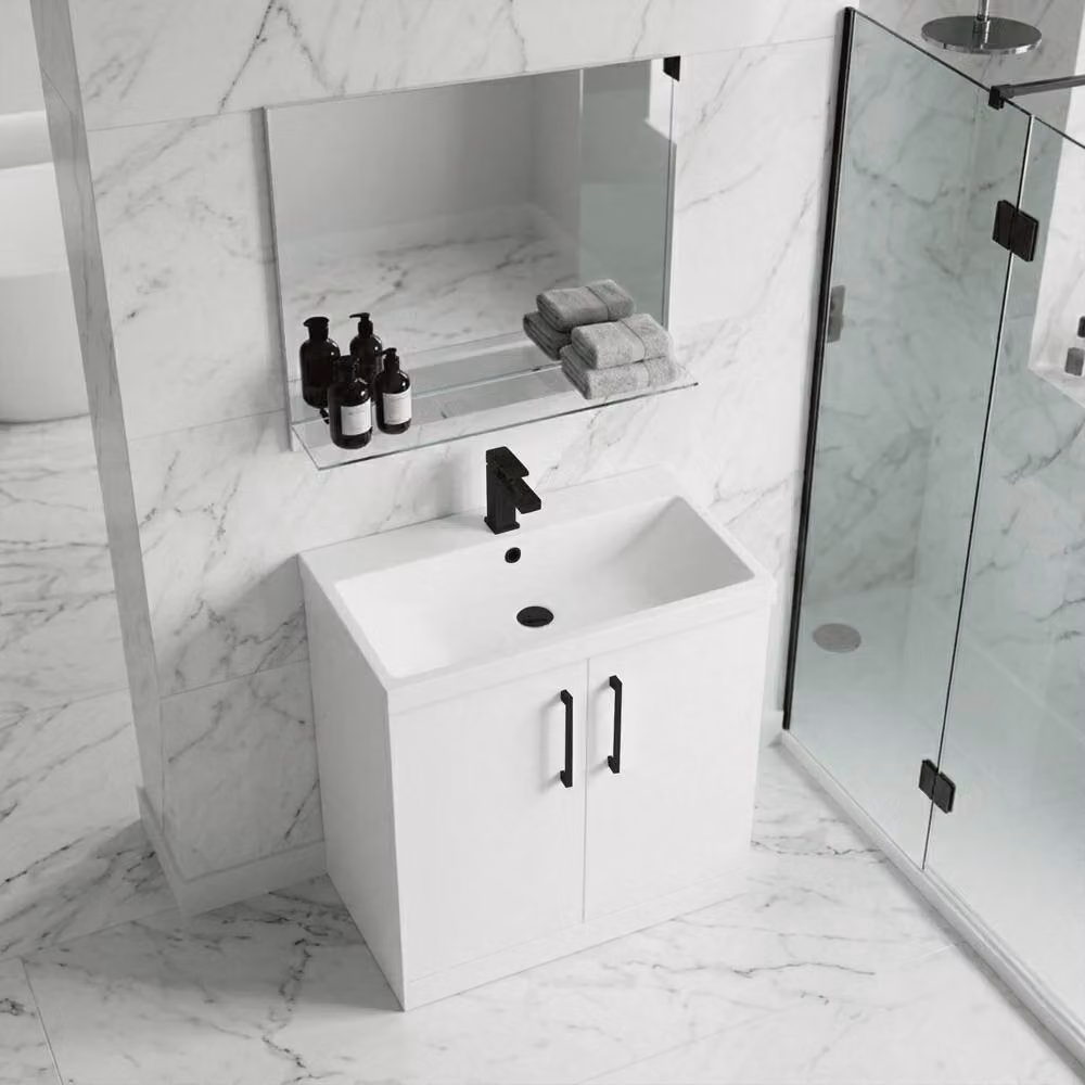 Balterley Gloss White 2-Door Freestanding Bathroom Floor Vanity Unit with Mid-Edge Basin, Width: 80 cm – 2