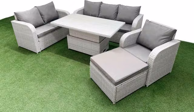 Fimous Patio 7 Seater Grey Rattan Outdoor Furniture Set with Upholstered Cushions and Adjustable Coffee Table