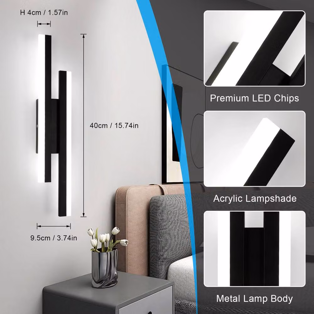Pheashine 16W Black LED Linear Wall Sconce with Cool White Light, W: 40 cm – 3
