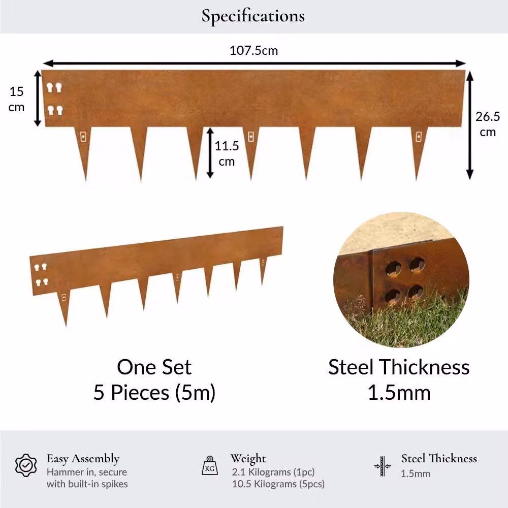 Woven Wood Corten Steel Lawn Edging, Light Brown, H: 15 cm, W: 100 cm (Set of 5) – 6