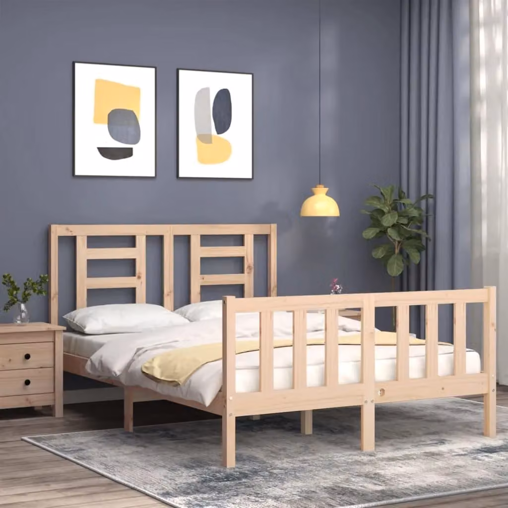 Berkfield Home Solid Wood Bed Frame with Headboard in Brown Pine, W/D/H: 140 x 190 cm
