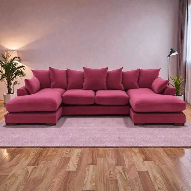 Snug Furniture Birmingham Ltd Linea Reversible U-Shape Double Ended Plush Velvet Sofa with Matching Ottoman and Scatter Cushions in Pink – 1