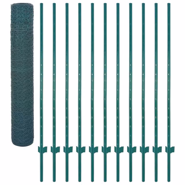 Berkfield Home Green PVC-Coated Steel Wire Mesh Fence with Round Posts, W/H: 25 x 1.5 m
