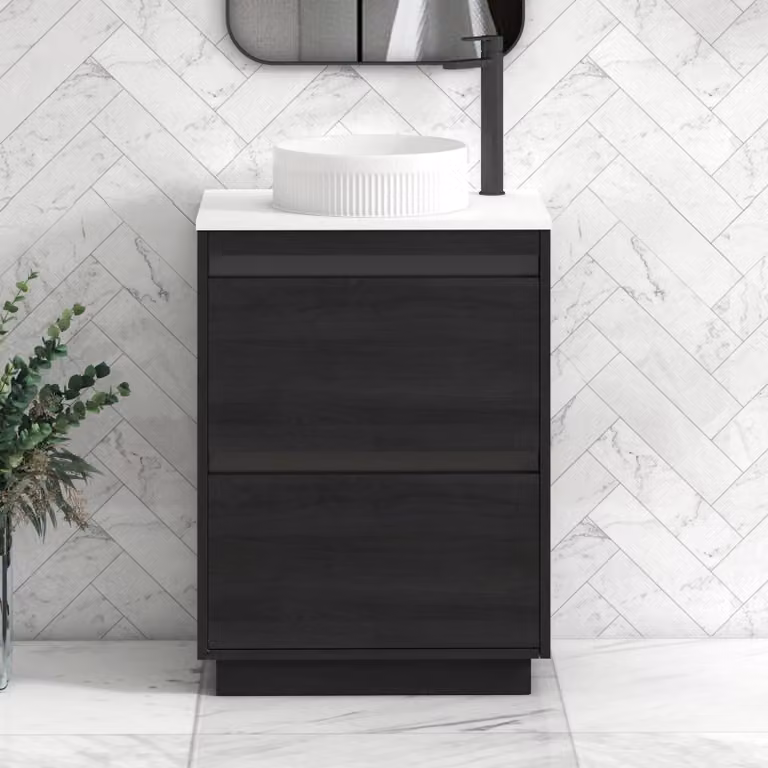 Royal Bathrooms Orion 600mm Hale Floor Standing Vanity Unit in Plain White with Black Accent Trim, 2 Drawers and Round Basin